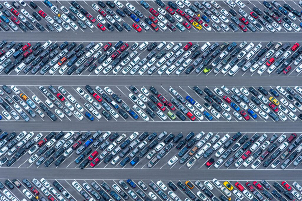 Aerial view of car dealership lot