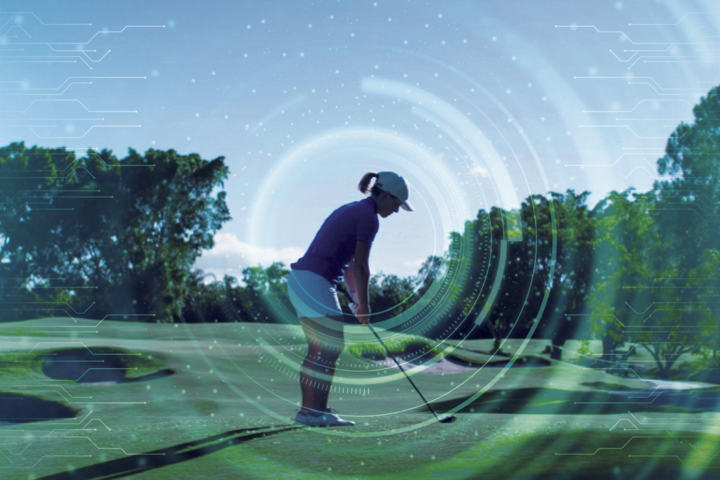 Female golfer on a driving range with tech imagery overlaying to illustrate seamless operations in the hospitality industry with Spera Partners IT solutions.