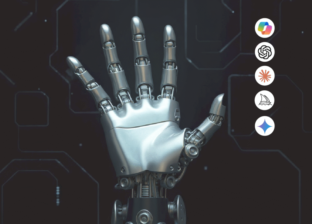 Mechanical hand signifying Artificial Intelligence with 5 AI logos alongside.