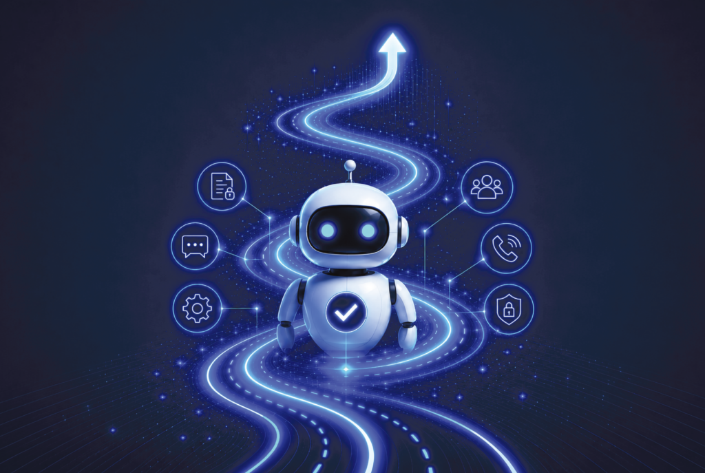 Illustration of a chatbot with an arrow path that goes beyond it.