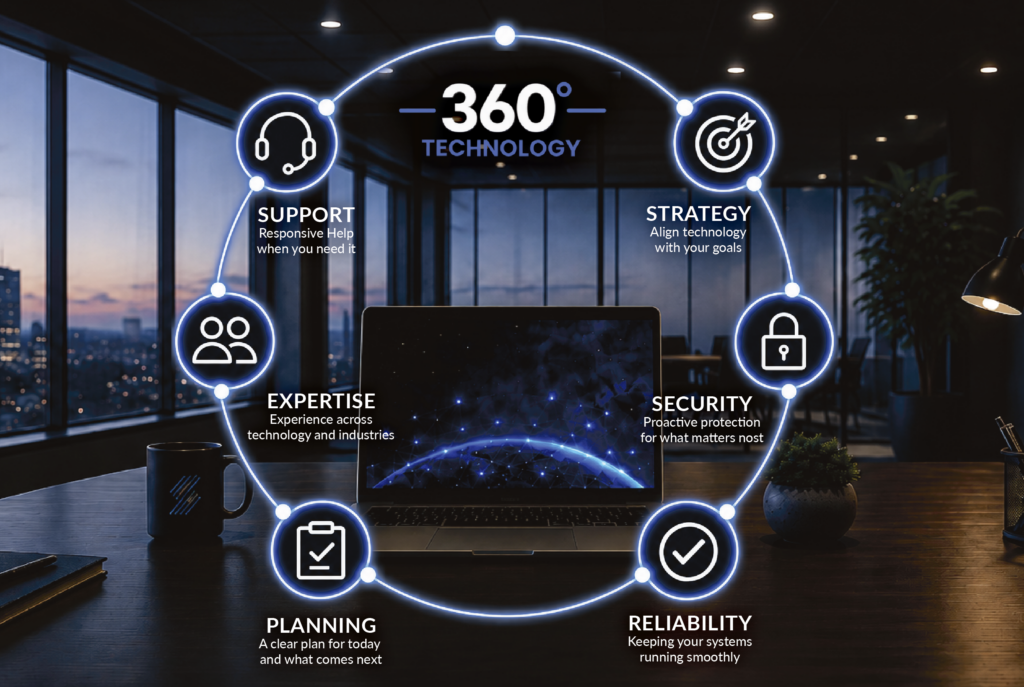 Image of the interior of an office building overlooking Pittsburgh with an illustration of 6 components in a circle, showing a 360 approach to your technology.