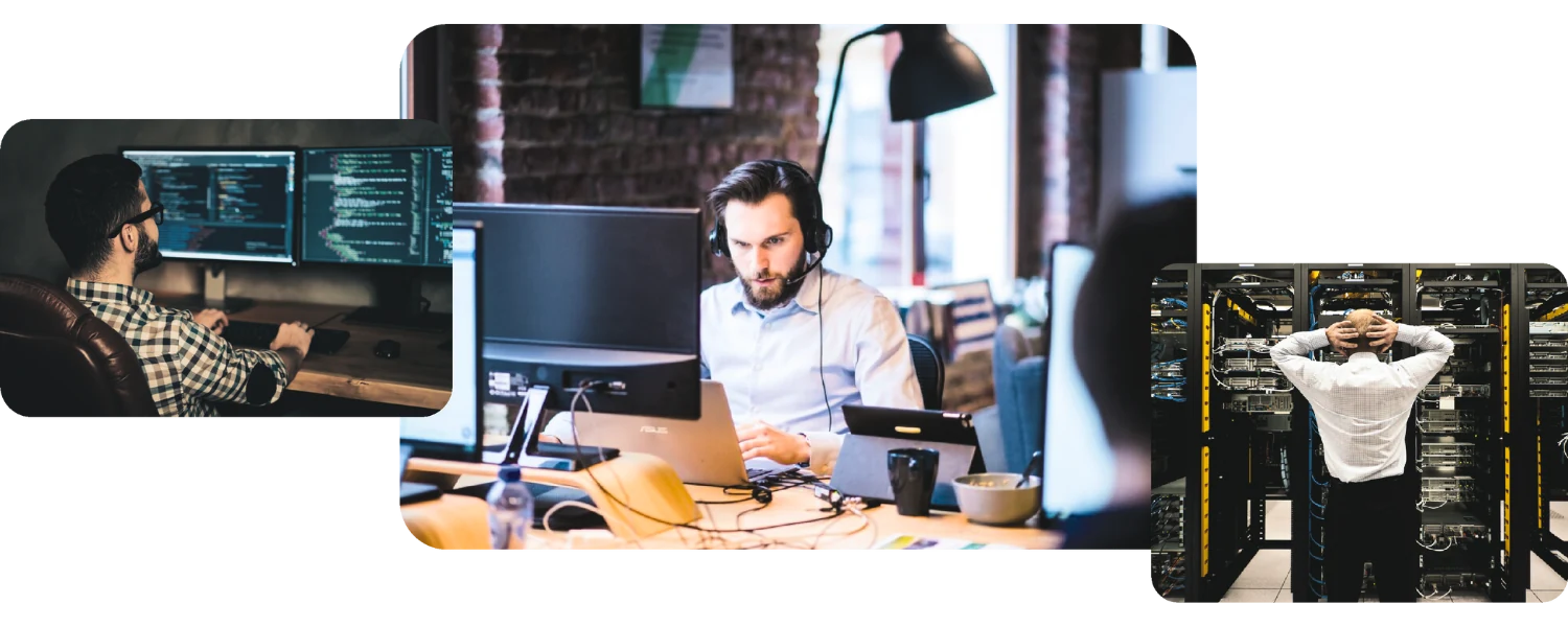 Technician monitoring backup systems for Monroeville business continuity Secure cloud infrastructure ensuring disaster recovery for Monroeville companies Business owner reviewing disaster recovery plan with Monroeville expert