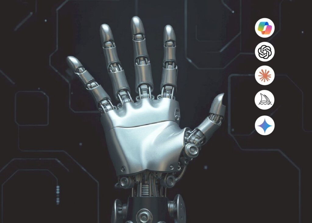 Mechanical hand signifying Artificial Intelligence with 5 AI logos alongside.