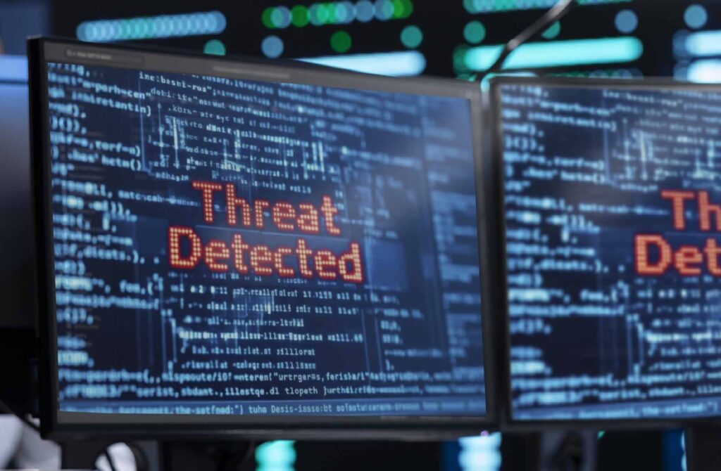 Computer monitors showing that a threat has been detected.