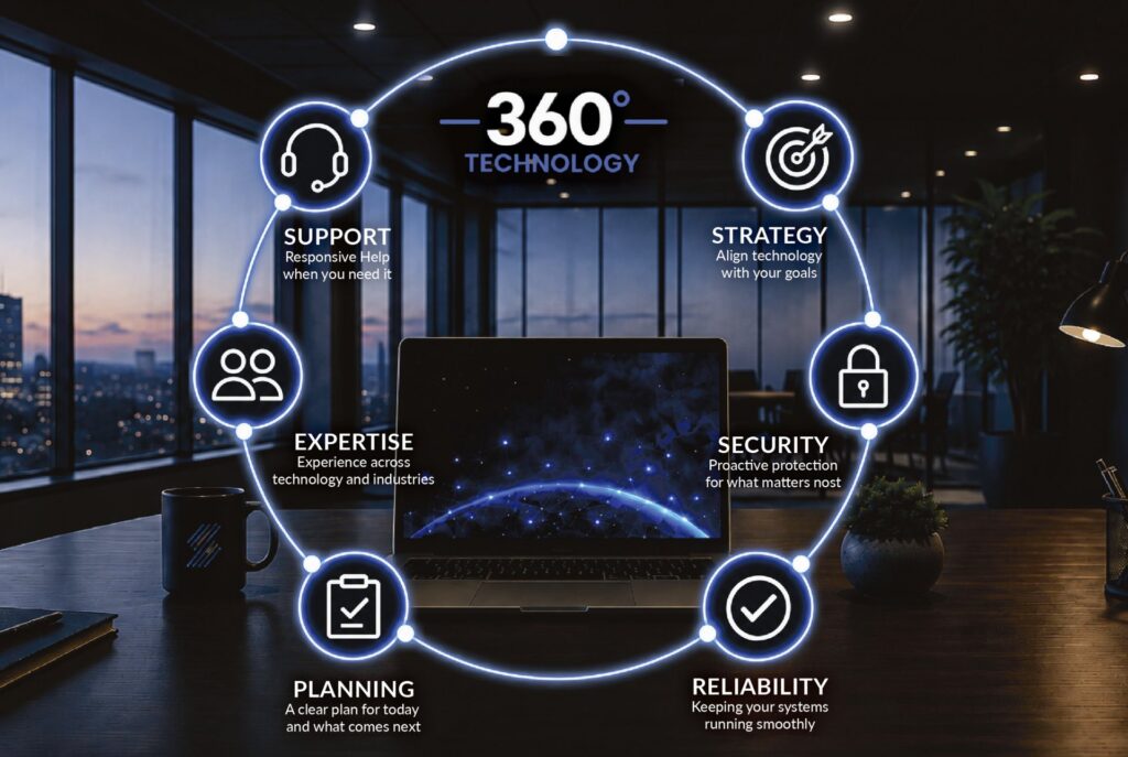 Image of the interior of an office building overlooking Pittsburgh with an illustration of 6 components in a circle, showing a 360 approach to your technology.