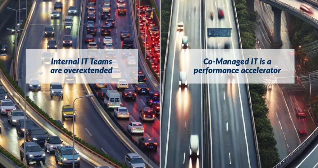 Business highway image showing overextended internal IT teams, side-by-side with a more open highway showing how a co-managed IT partnership is a performance accelerator.