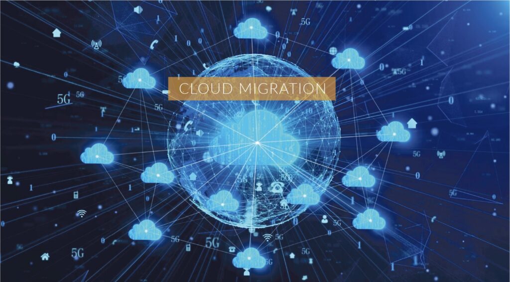 Techy image of the earth with clouds coming out of all side - representing cloud migration
