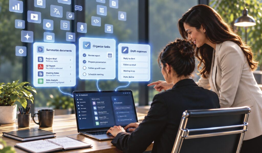 Employee receiving AI training from an instructor in front of several monitors.