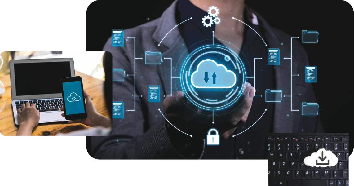 Person on laptop and holding phone with cloud graphic, businessman holding cloud computing icon, and cloud icon on a keyboard.