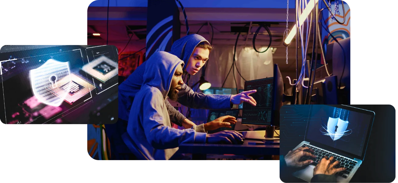 Cybersecurity concept with digital shield symbolizing data protection Cyber attack visualization showing hackers making digital threats targeting local businesses Laptop screen showing cybersecurity interface and protection shield