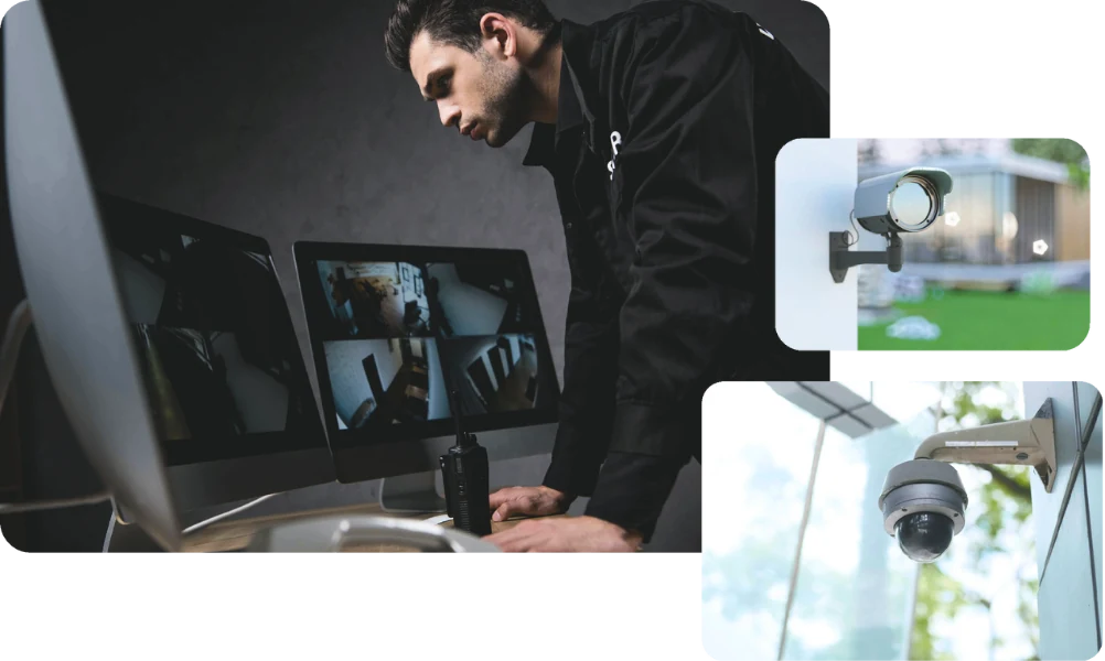 Security technician monitoring video surveillance systems with multiple camera feeds