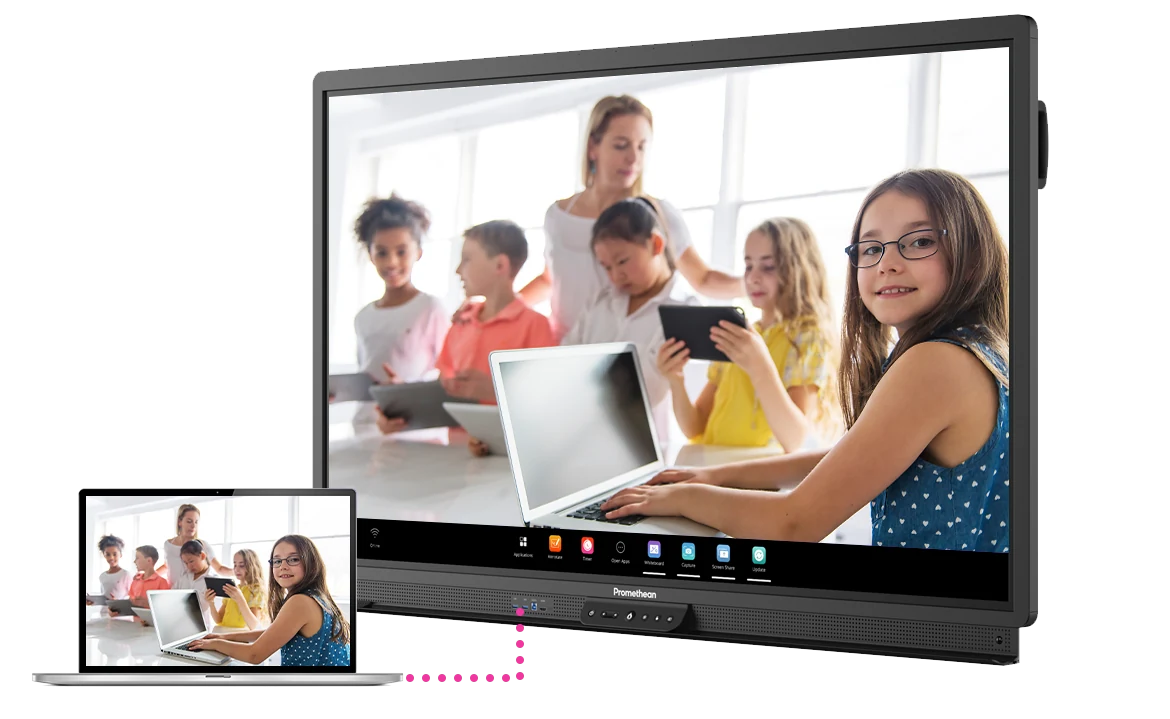 Teacher using interactive displays Monroeville to engage students in classroom Students collaborating with interactive displays Monroeville touchscreen